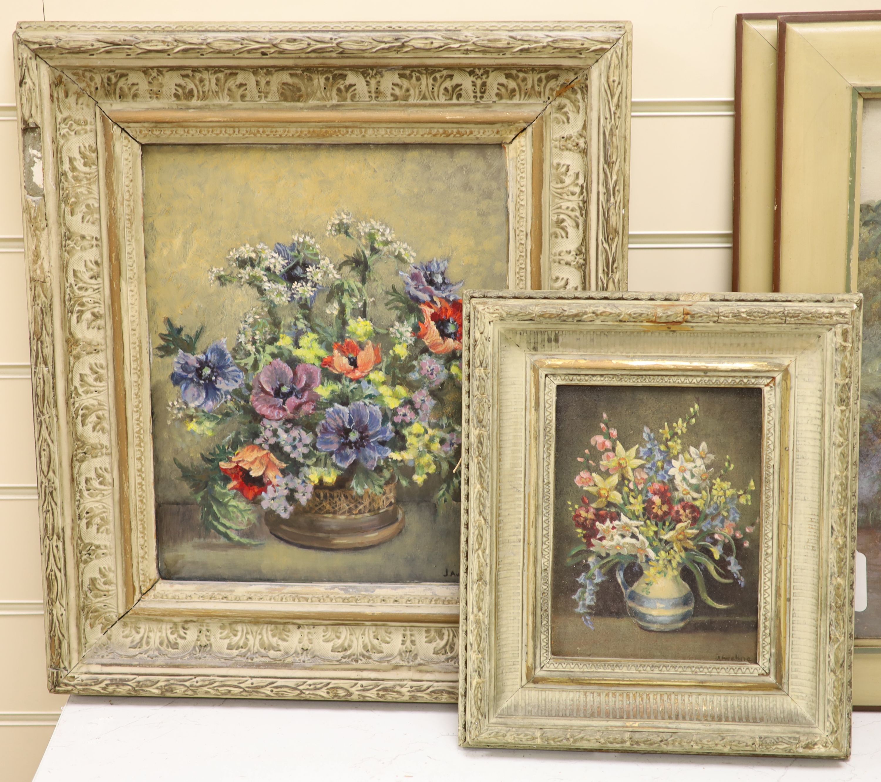 Josephine Aveline (20th century), two oils on board, Still lifes of flowers in vases, signed, largest 34 x 27cm, 34cm x 27cm